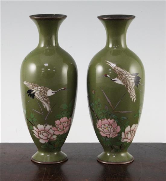 A pair of Japanese silver and copper wire sage green ground vases, c.1910, 18.5cm